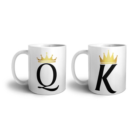 Coppia di tazze personalizzate con nomi k and q con corona