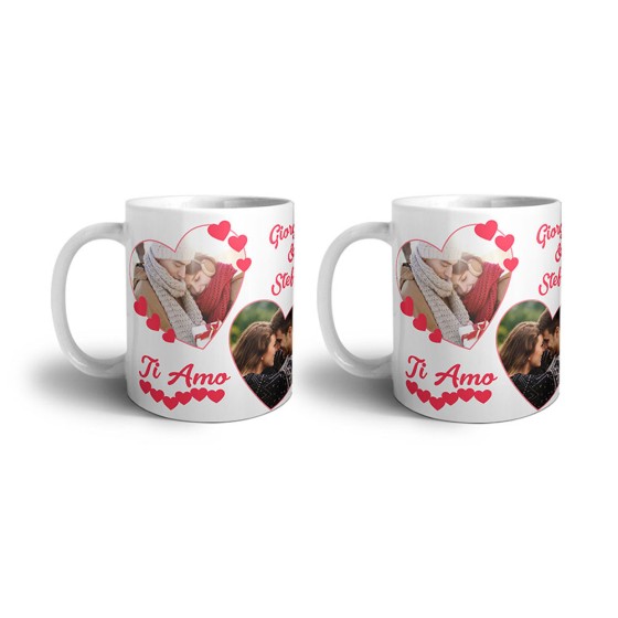 Coppia di tazze personalizzate con foto e nomi dolce amore con due cuori