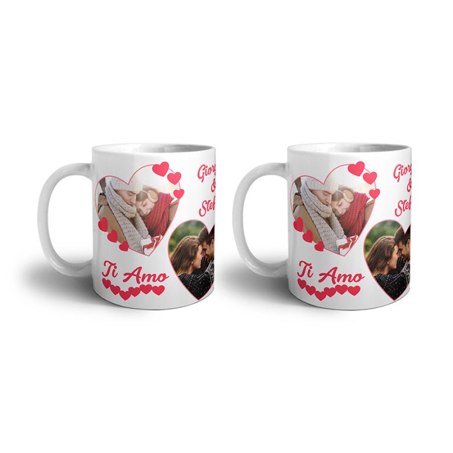Coppia di tazze personalizzate con foto e nomi dolce amore con due cuori