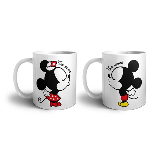 Coppia di tazze personalizzabili con nome mr and mrs con bacio dei topolini