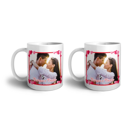 Coppia di tazze personalizzate con foto e nomi cornice love