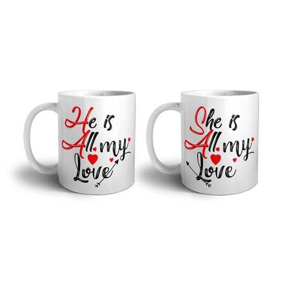 Coppia di tazze personalizzabili con nomi she is all my love he is all my love