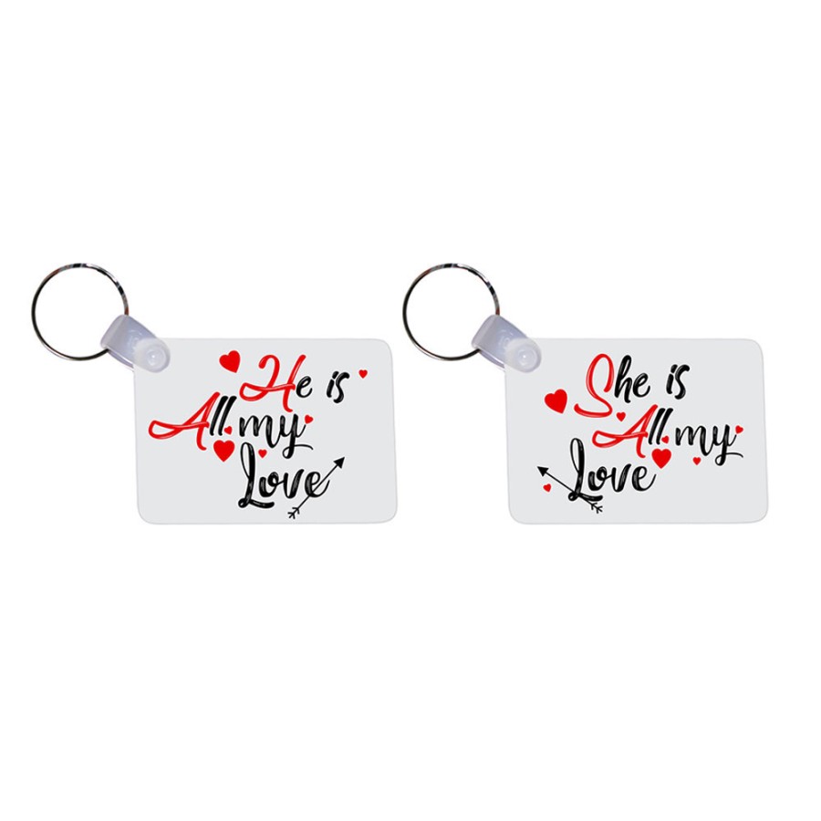 Coppia di portachiavi personalizzabili con nomi she is all my love he is all my love