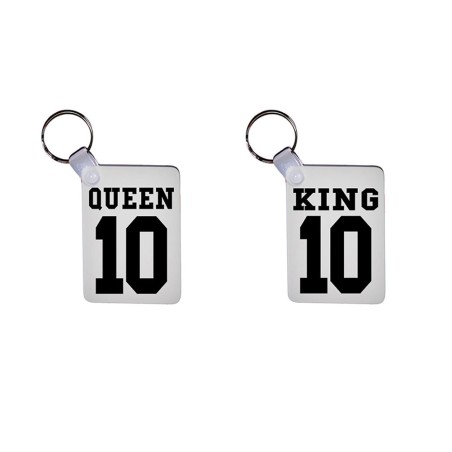 Coppia di portachiavi personalizzati con nomi e numeri king e queen