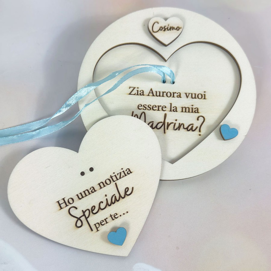 Cuore in legno personalizzato idee regalo madrina e padrino di battesimo