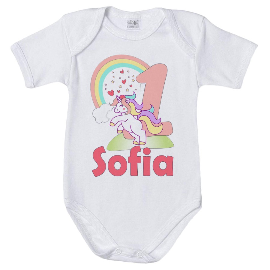 Body neonato personalizzato con nome festa a tema unicorno - manica corta