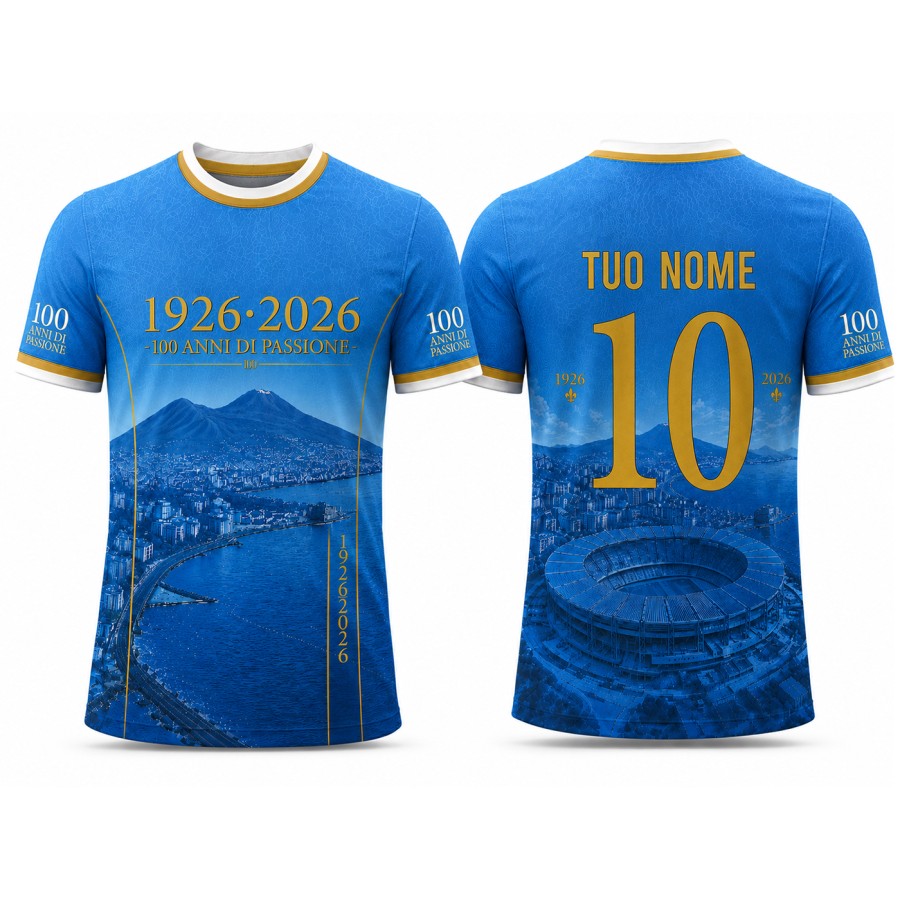 Maglia Calcio Personalizzata Celebrativa 100 Anni Napoli - Nome e Numero Personalizzabili - T-Shirt Sportiva Uomo - Idea Regalo 