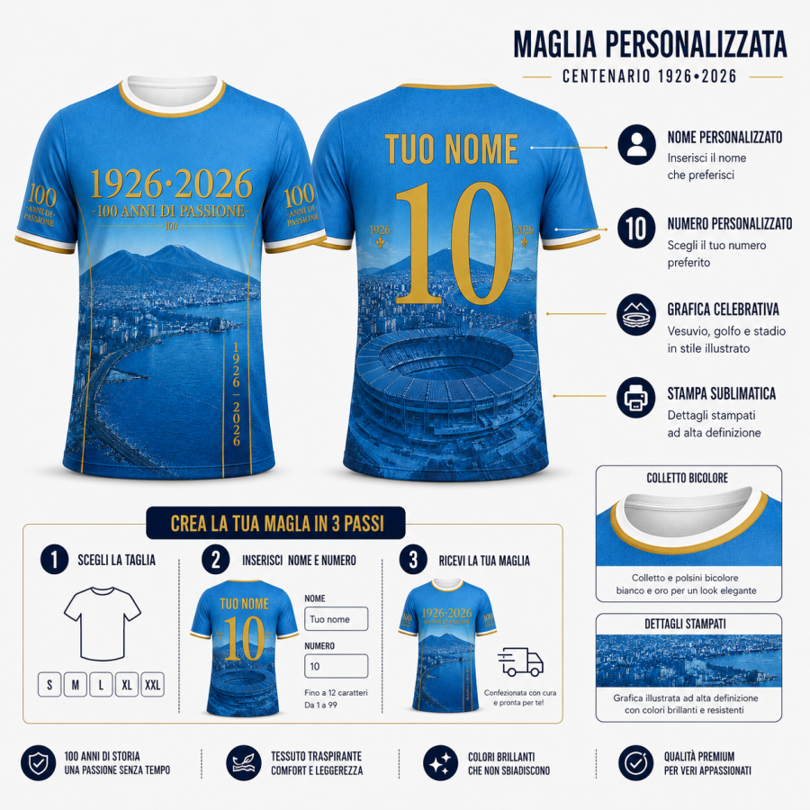 Maglia Calcio Personalizzata Celebrativa 100 Anni Napoli - Nome e Numero Personalizzabili - T-Shirt Sportiva Uomo - Idea Regalo 