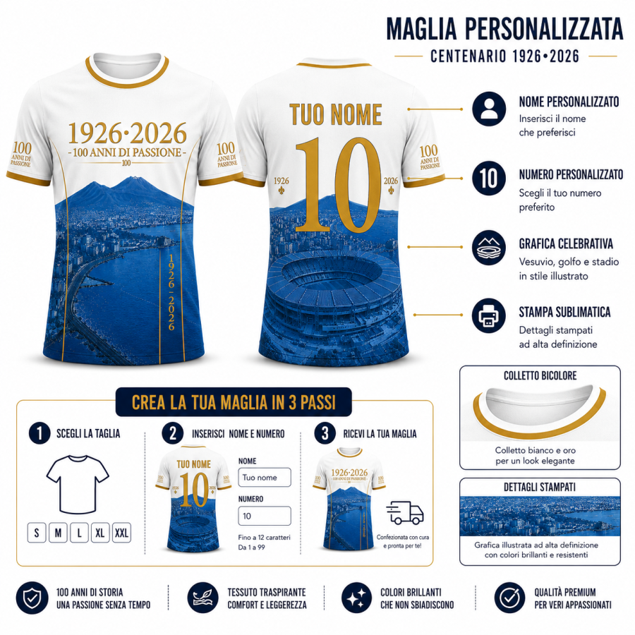 Maglia Calcio Personalizzata Celebrativa 100 Anni Napoli - Nome e Numero Personalizzabili - T-Shirt Sportiva Uomo - Idea Regalo 
