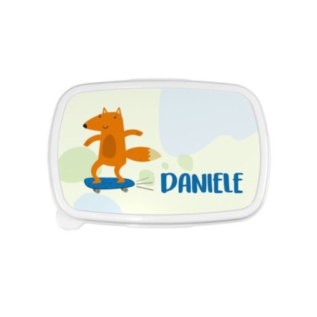 Porta pranzo personalizzato con nome volpe sullo skateboard
