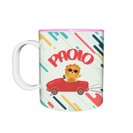 Tazza in plastica personalizzata con nome leone in macchina Animali