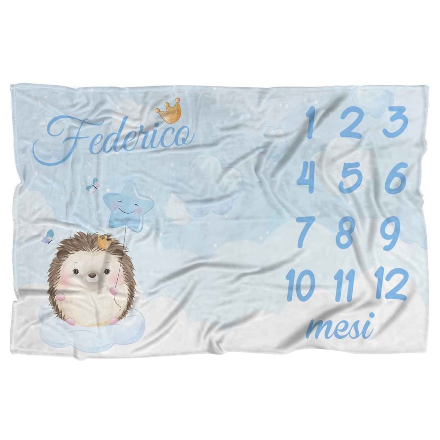 Coperta neonato complimese personalizzata con nome riccio con stellina e corona Animali