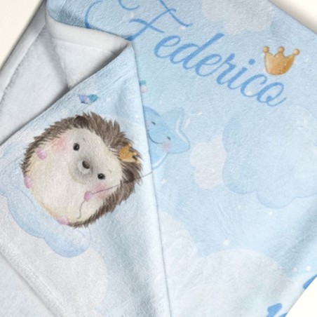 Coperta neonato complimese personalizzata con nome riccio con stellina e corona Animali