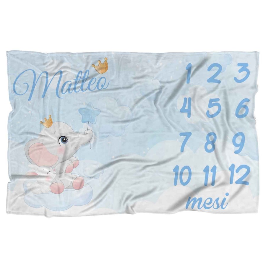Plaid coperta complimese personalizzata con nome elefantino con corona Animali
