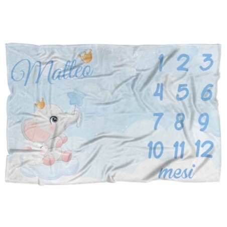 Plaid coperta complimese personalizzata con nome elefantino con corona Animali