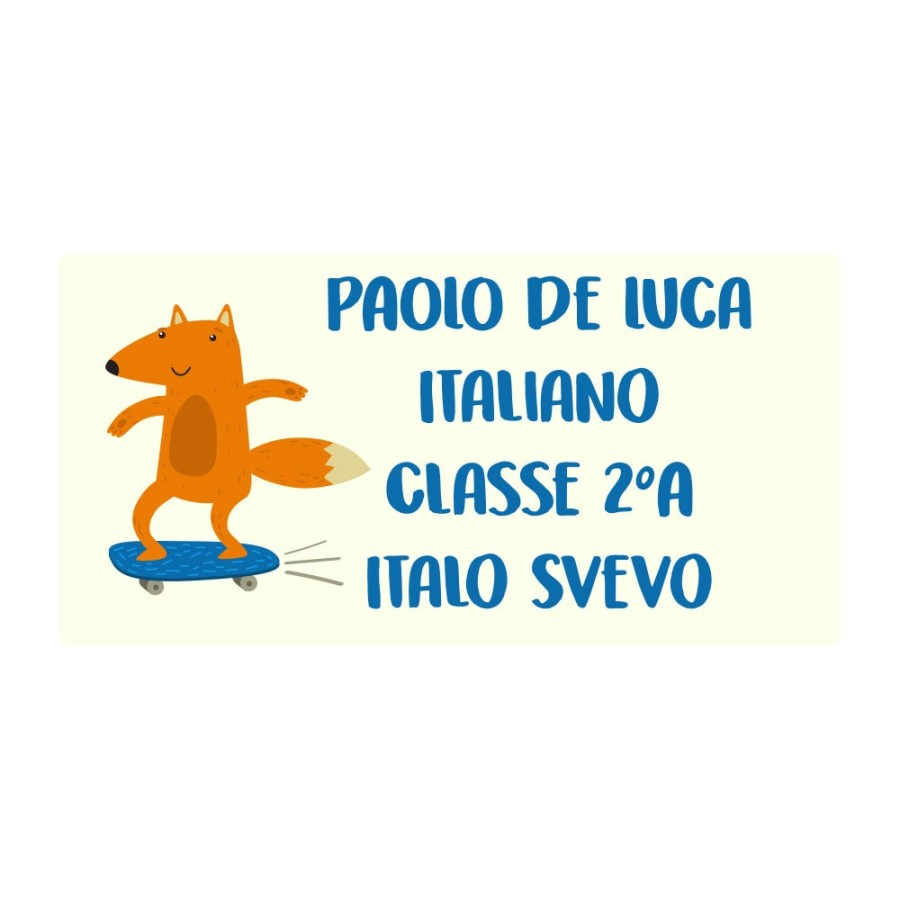 Etichette adesive personalizzate con nome volpe sullo skateboard per quaderni e libri Animali