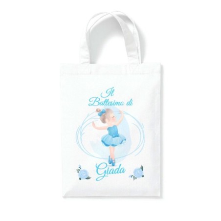 Shopper personalizzata con nome il battesimo di a tema ballerina azzurra Battesimo