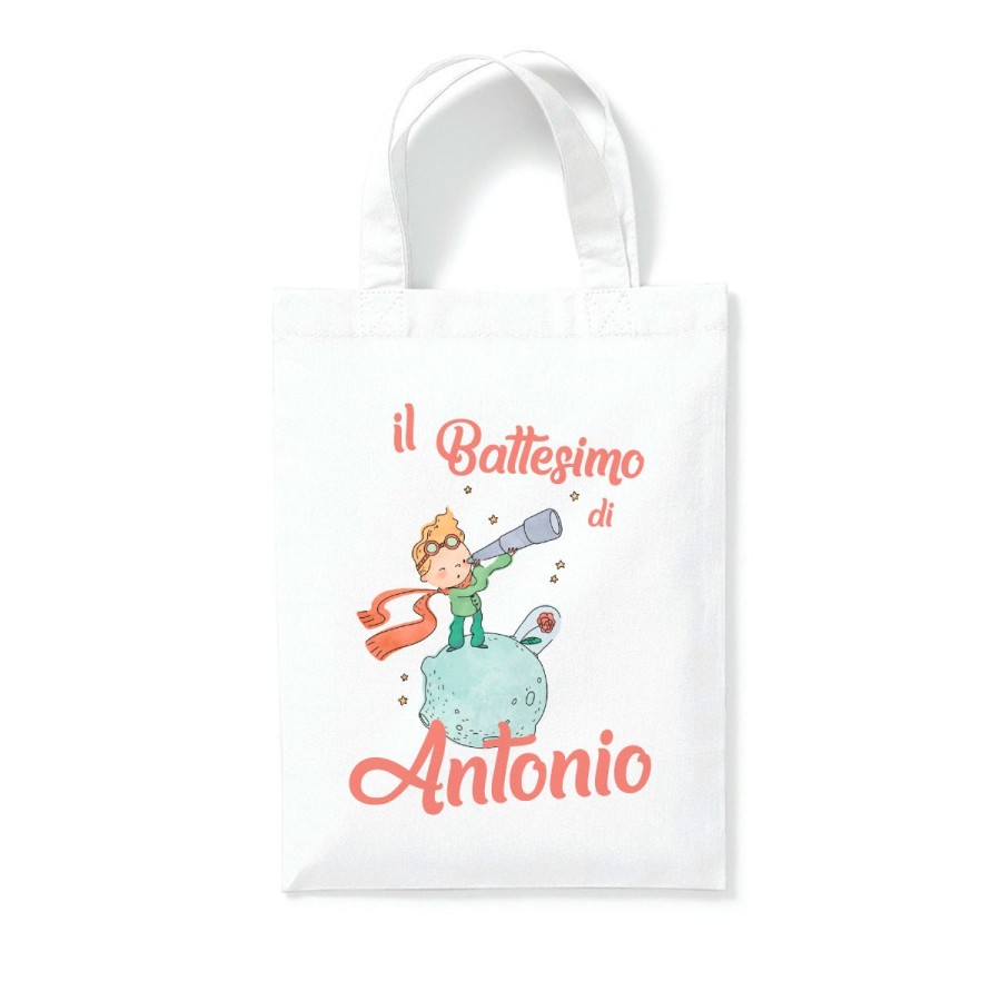 Shopper personalizzata con nome il mio battesimo a tema piccolo principe cannocchiale Battesimo