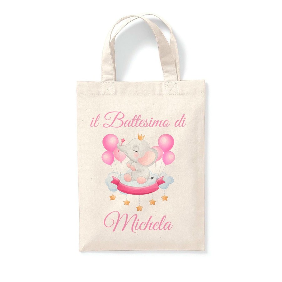 Shopper personalizzata con nome il battesimo di a tema elefantino Battesimo