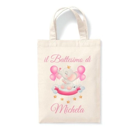 Shopper personalizzata con nome il battesimo di a tema elefantino Battesimo