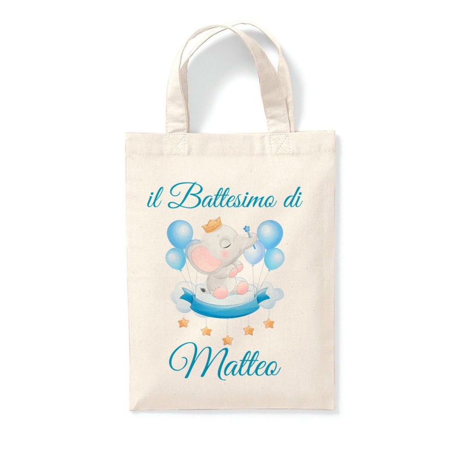 Shopper personalizzata con nome il battesimo di a tema elefantino Battesimo