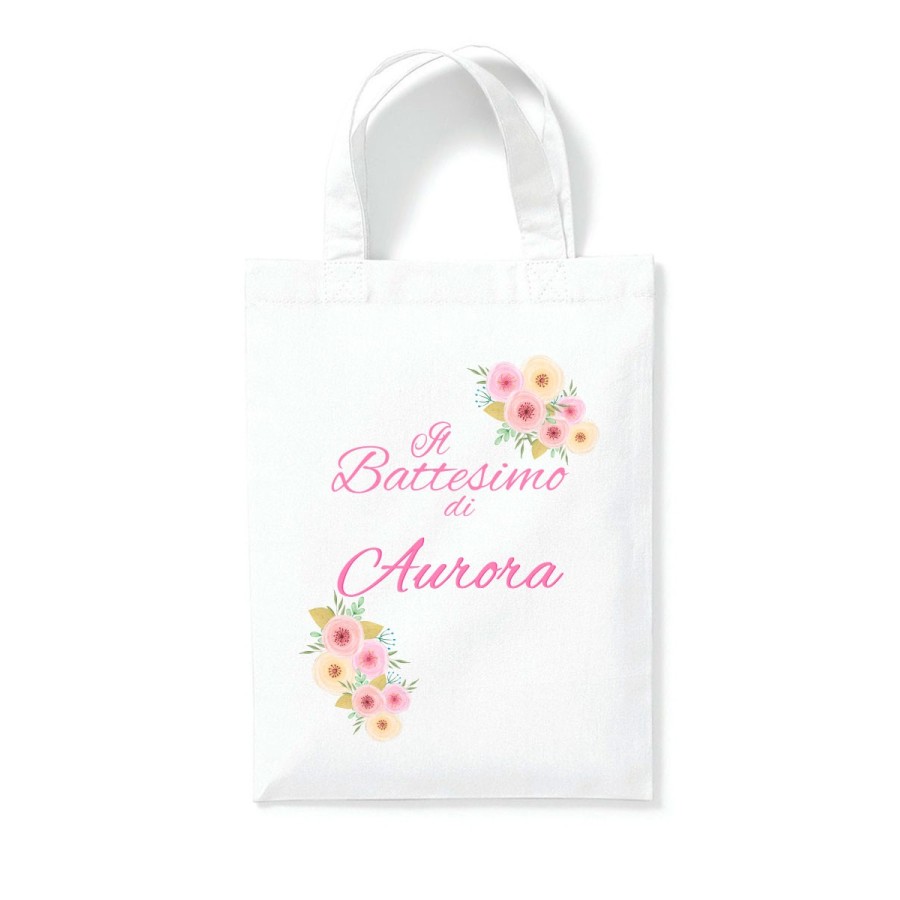 Shopper personalizzata con nome il battesimo di con fiori rosa e gialli Battesimo