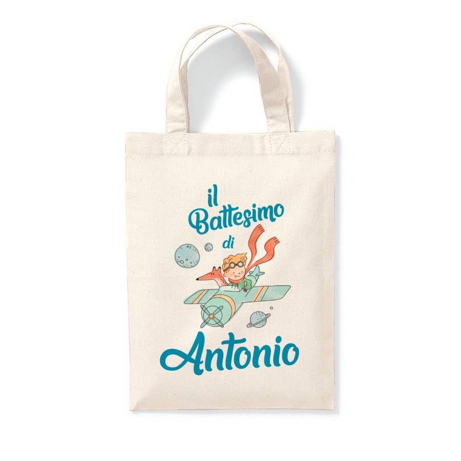Shopper personalizzata con nome il mio battesimo a tema piccolo principe sull'aereo Battesimo