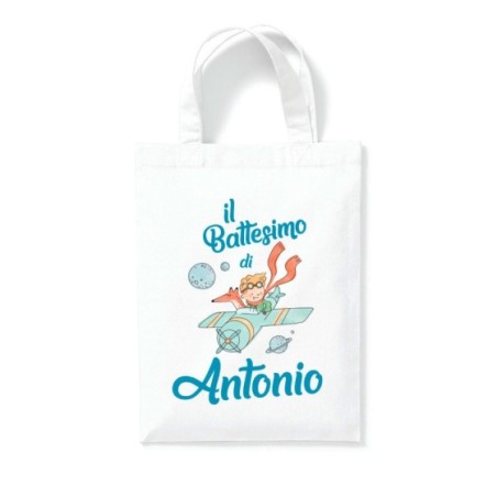 Shopper personalizzata con nome il mio battesimo a tema piccolo principe sull'aereo Battesimo