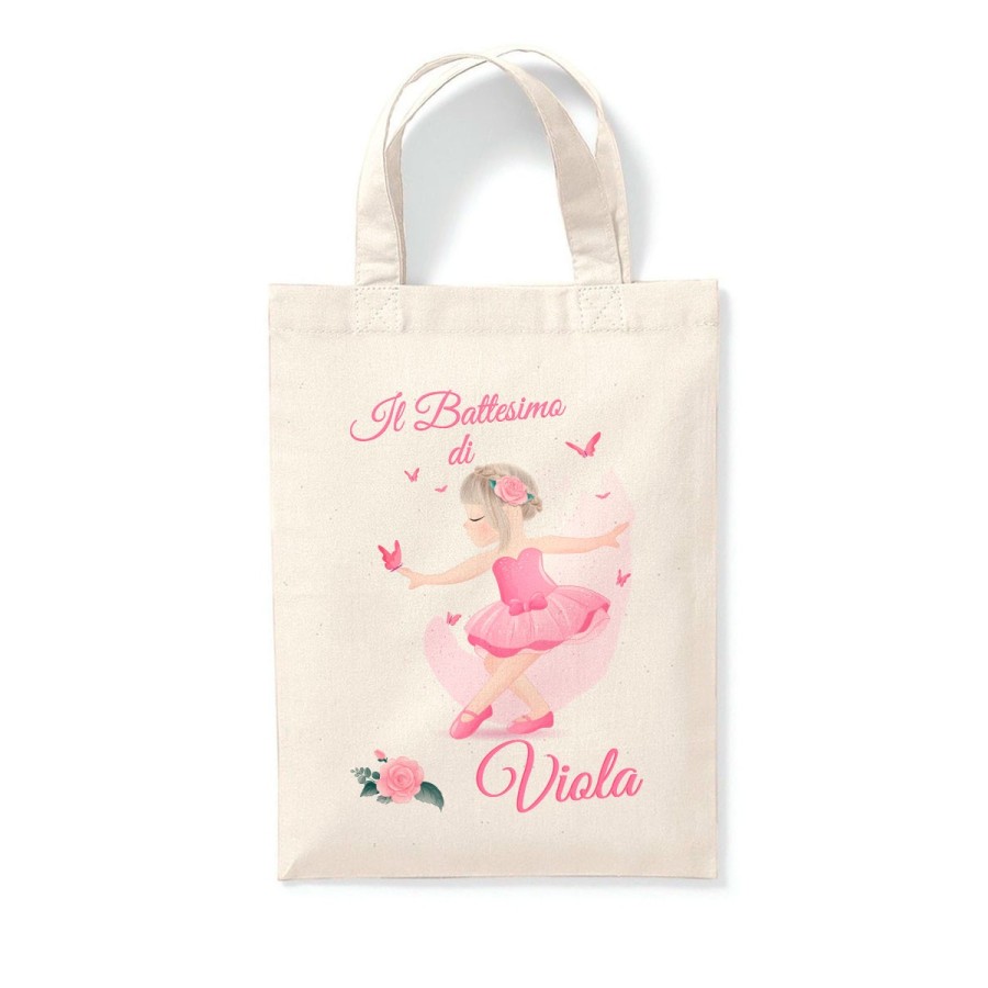 Shopper personalizzata con nome il battesimo di a tema ballerina rosa Battesimo