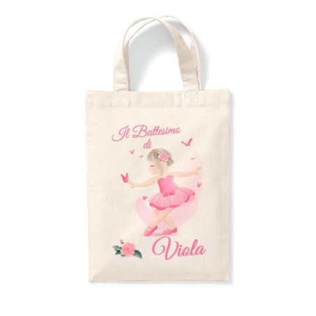 Shopper personalizzata con nome il battesimo di a tema ballerina rosa Battesimo