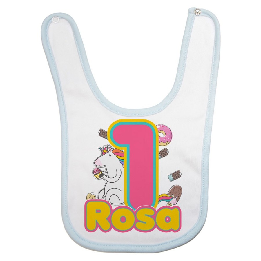 Bavaglino neonato personalizzato con nome festa a tema unicorno con dolciumi Compleanno