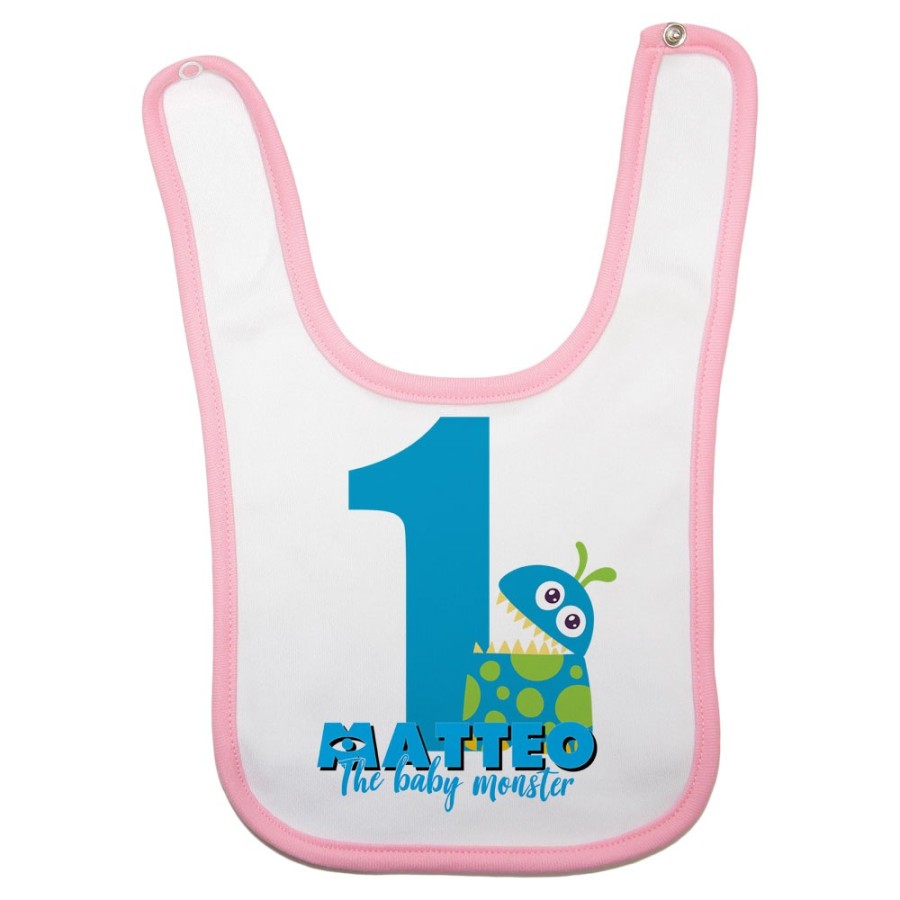 Bavaglino neonato personalizzato con nome festa a tema monster e co Compleanno