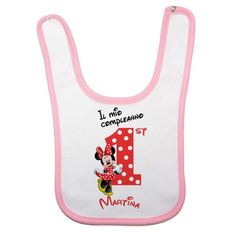Bavaglino neonato personalizzato con nome festa a tema minnie con pois Compleanno