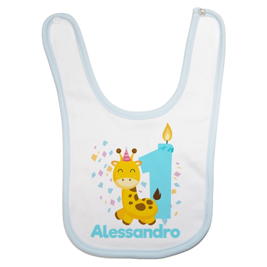 Bavaglino neonato personalizzato con nome festa a tema giraffa e coriandoli Compleanno