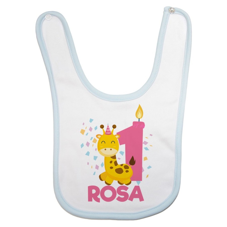Bavaglino neonato personalizzato con nome festa a tema giraffa e coriandoli Compleanno