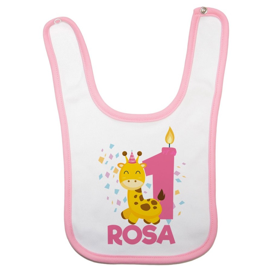 Bavaglino neonato personalizzato con nome festa a tema giraffa e coriandoli Compleanno