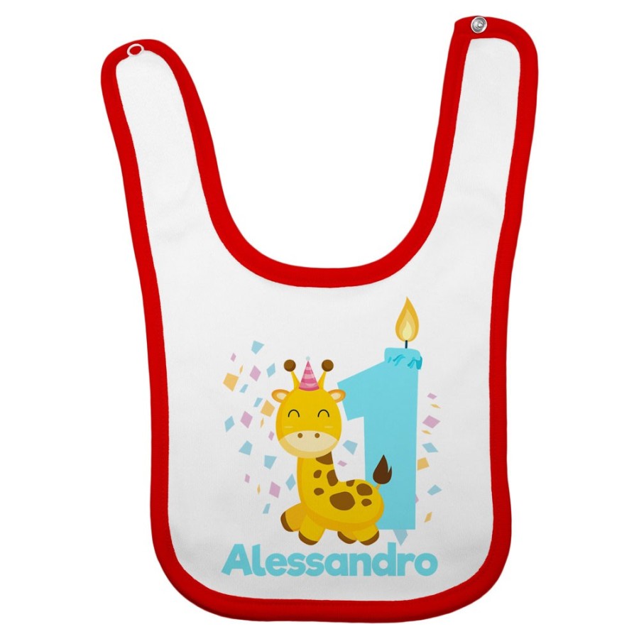 Bavaglino neonato personalizzato con nome festa a tema giraffa e coriandoli Compleanno