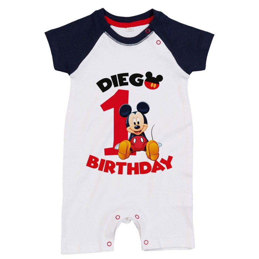 Pagliaccetto neonato personalizzato con nome festa a tema topolino seduto Compleanno
