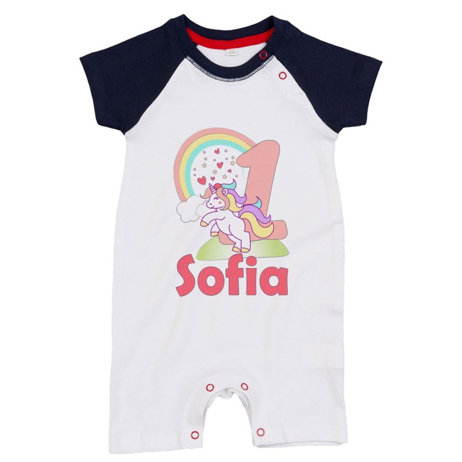 Pagliaccetto neonato personalizzato con nome festa a tema unicorno e arcobaleno Compleanno