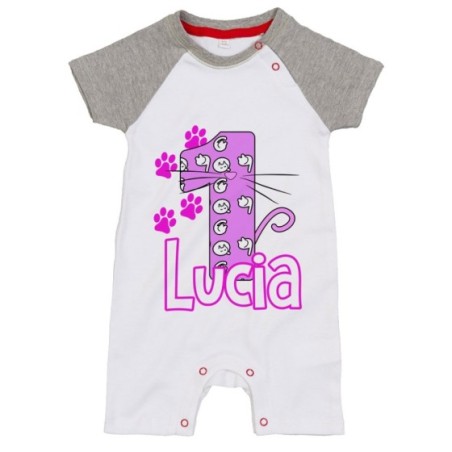 Pagliaccetto neonato personalizzato con nome festa a tema gattini Compleanno