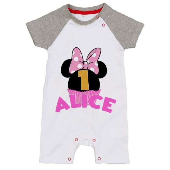 Pagliaccetto neonato personalizzato con nome festa a tema minnie cupcake Compleanno
