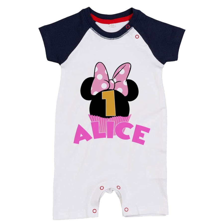 Pagliaccetto neonato personalizzato con nome festa a tema minnie cupcake Compleanno