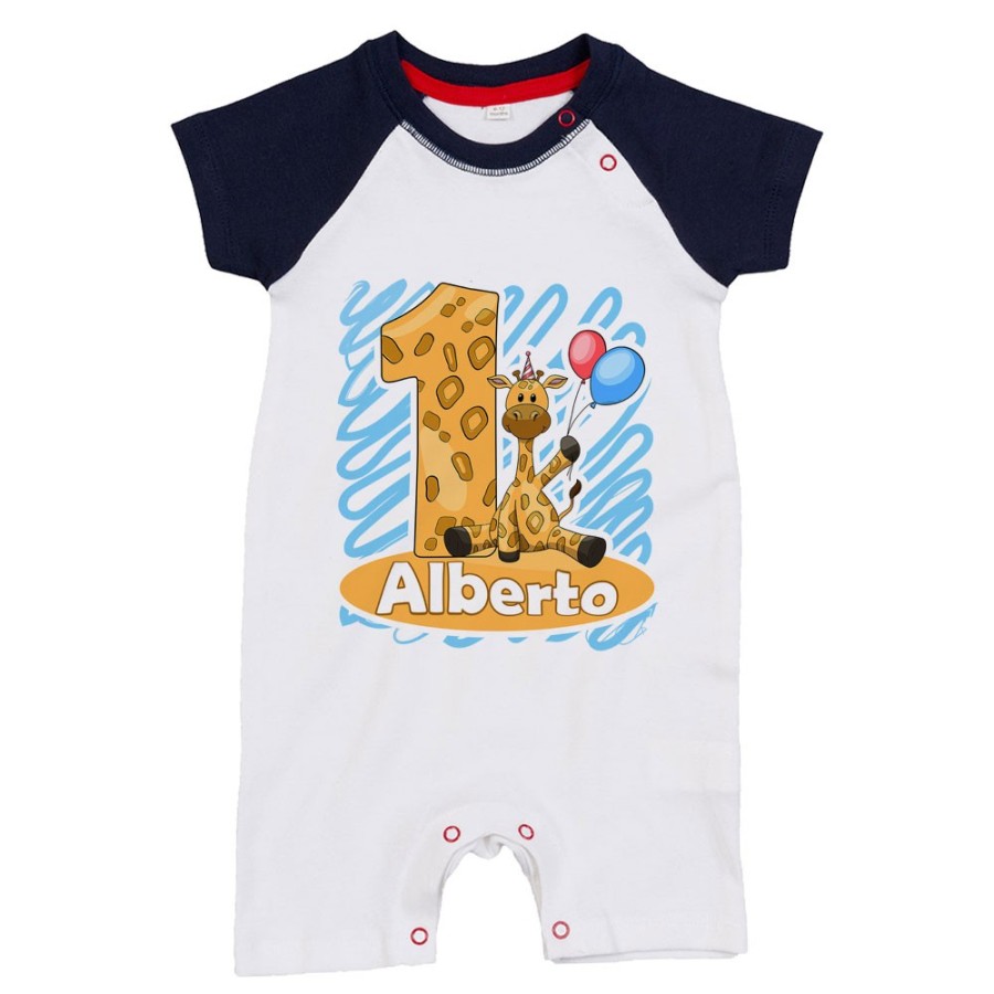 Pagliaccetto neonato personalizzato con nome festa a tema giraffa con palloncini Compleanno