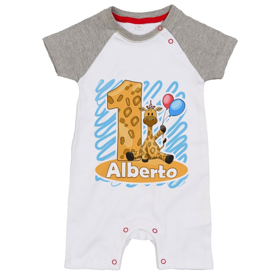 Pagliaccetto neonato personalizzato con nome festa a tema giraffa con palloncini Compleanno