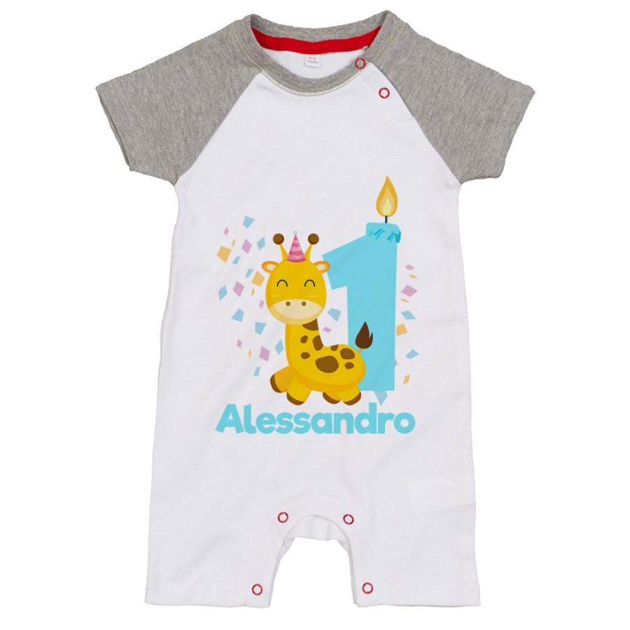 Pagliaccetto neonato personalizzato con nome festa a tema giraffa e coriandoli Compleanno