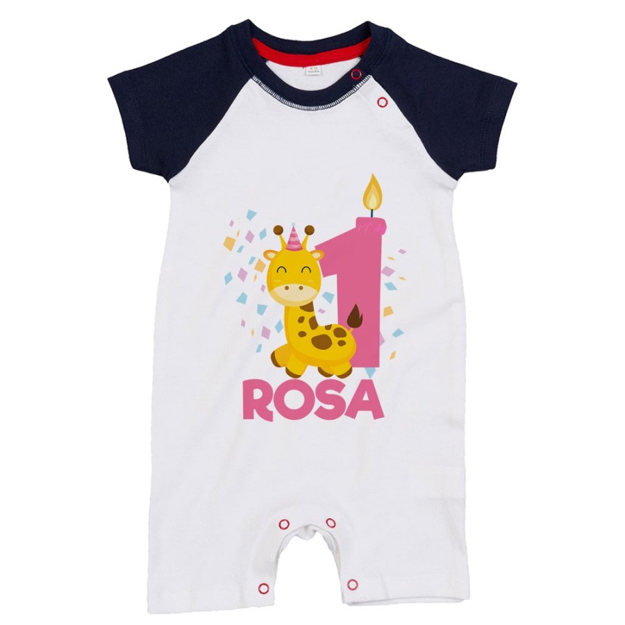 Pagliaccetto neonato personalizzato con nome festa a tema giraffa e coriandoli Compleanno