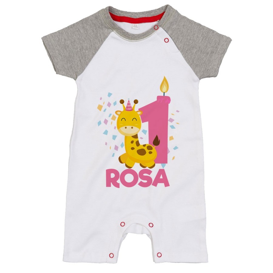 Pagliaccetto neonato personalizzato con nome festa a tema giraffa e coriandoli Compleanno