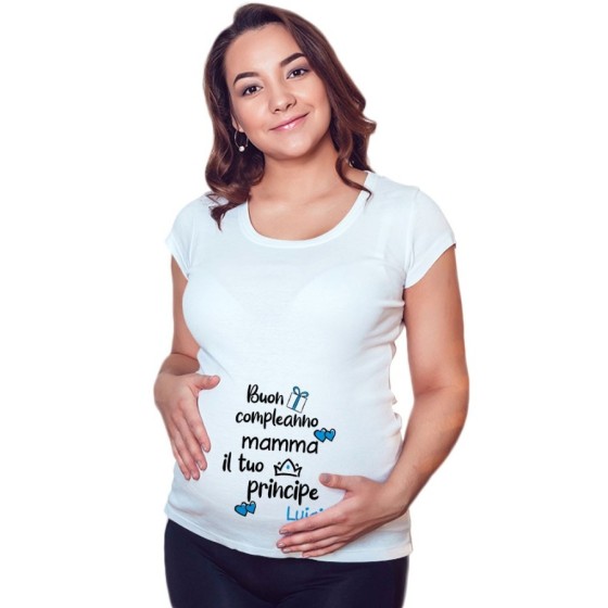 Maglia premaman personalizzata con nome buon compleanno mamma il tuo principe Per la mamma