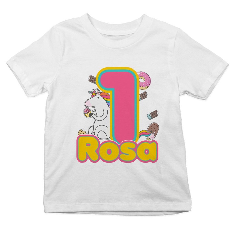 T-shirt bambino personalizzata con nome festa a tema unicorno con dolciumi Compleanno
