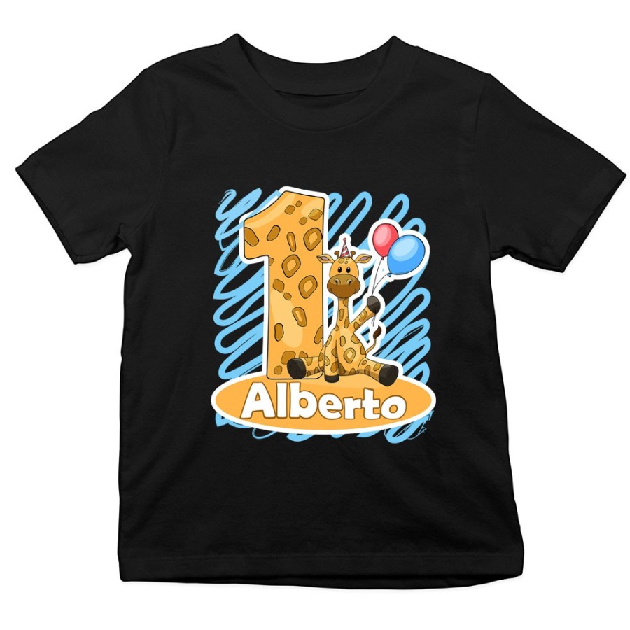 T-shirt bambino personalizzata con nome festa a tema giraffa con palloncini Compleanno